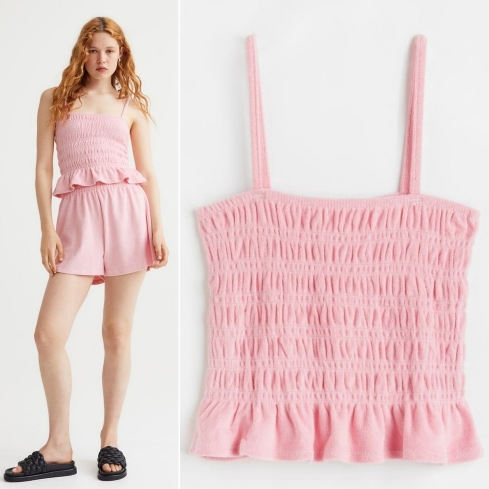 H&M // pink smocked terry cloth spaghetti strap peplum top